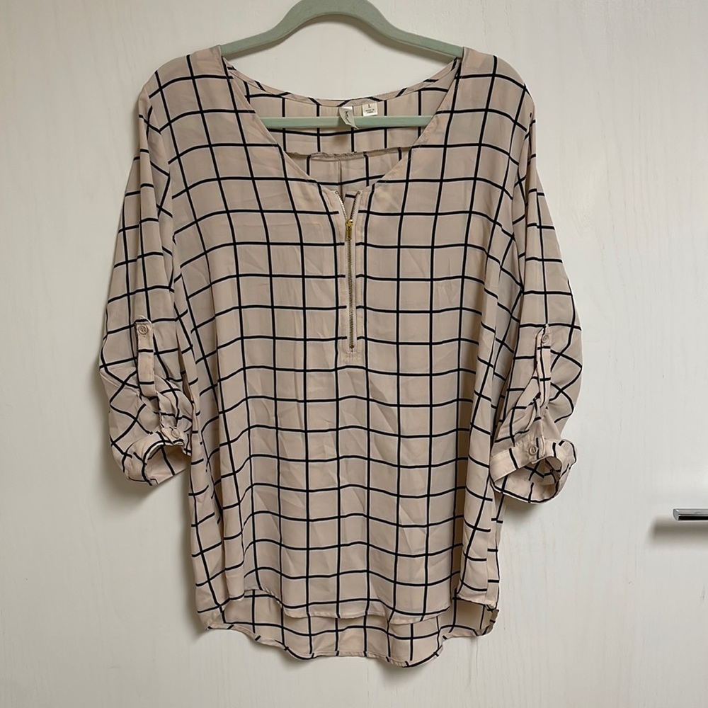 Large 3/4 sleeve off white grid design blouse